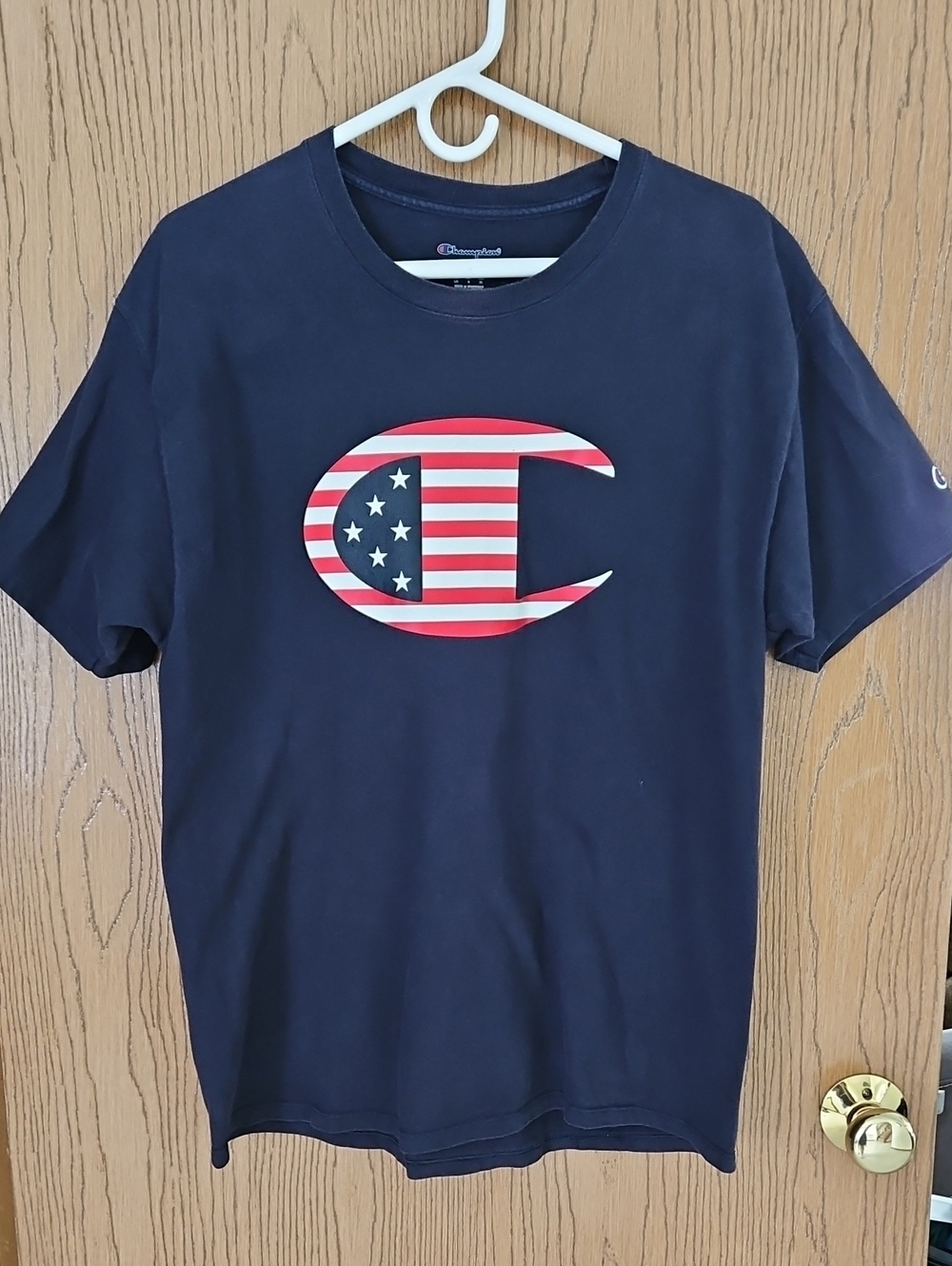 Champion Navy Blue Classic Logo Patriotic Flag Short Sleeve T-shirt Size L